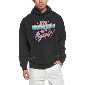 Balenciaga Mens  Distressed Graphic Hoodie, Black